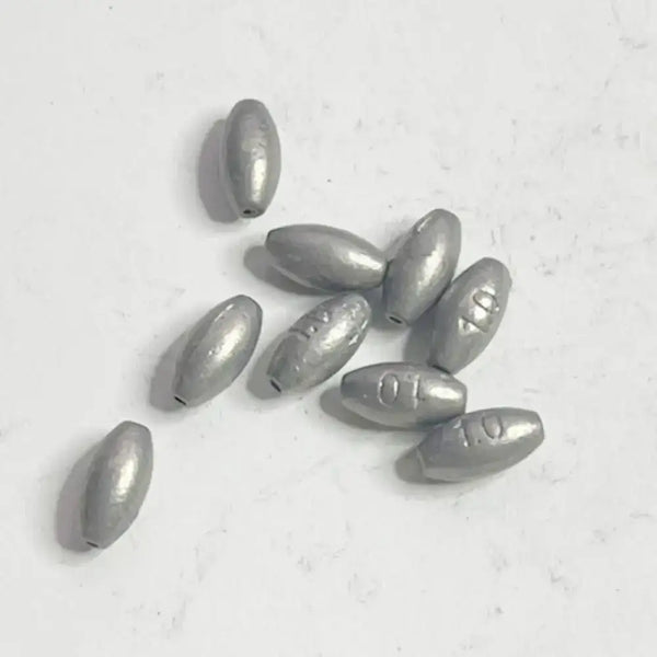 Olive hollow lead sinkers, silver-gray teardrop weights with stamped size markings