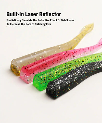 Assorted soft fish bait lures: pink, chartreuse, black, and tan with speckles