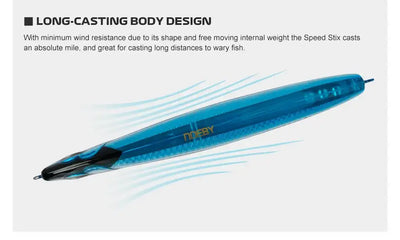 Blue long-casting pencil hard bait lure with black tail and treble hook
