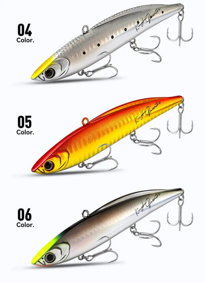 3-piece lipless fishing lure set; silver, orange, and dark gray bodies with treble hooks