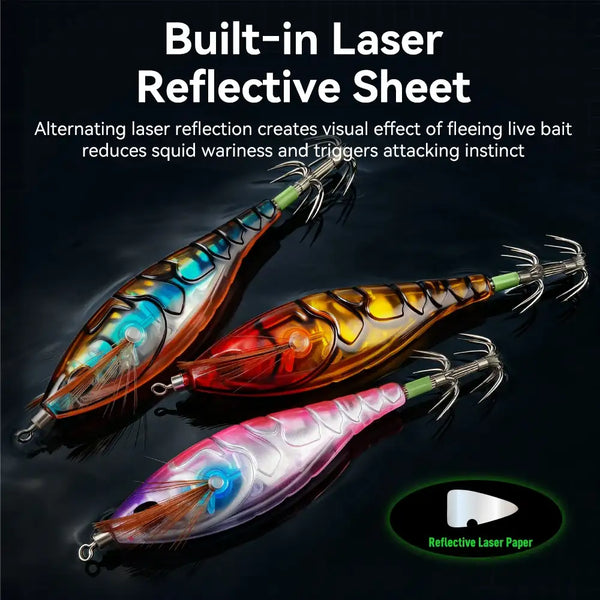Laser-reflective EGI squid jigs, three colorful lures with umbrella-style hook strands
