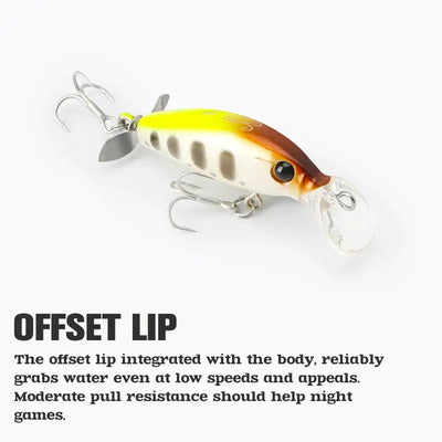 Sinking minnow lure in yellow and orange with green accents, metal treble hooks