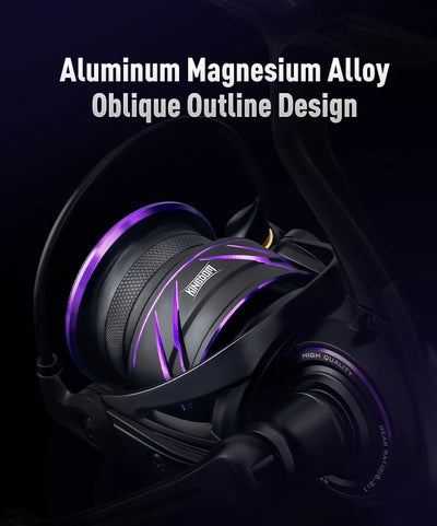 Black spinning reel with purple-lined handle and textured grip detail