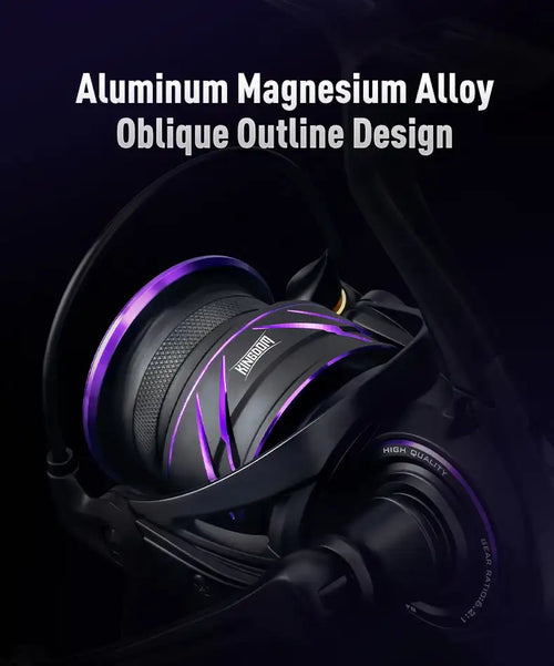 Black spinning reel with purple-lined handle and textured grip detail