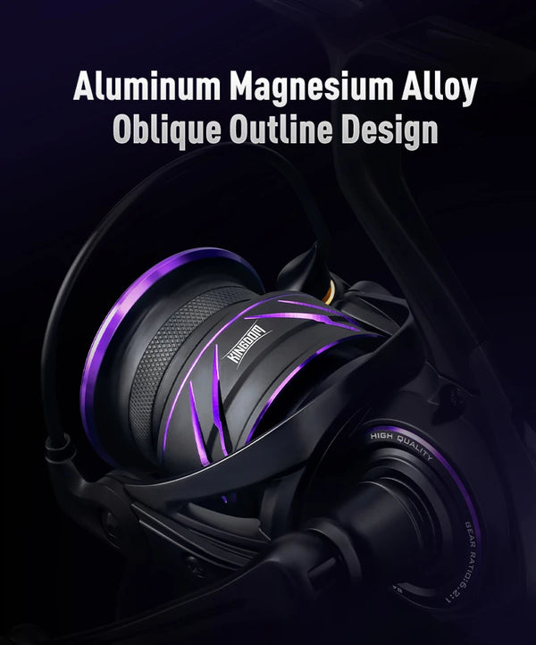 Black spinning reel with purple-lined handle and textured grip detail