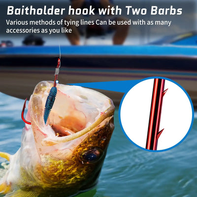 Red baitholder fishing hook with two barbs and worm bait use