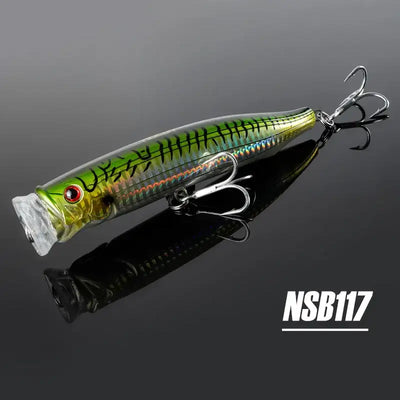 Noeby feed popper topwater lure, lime green and yellow body with black stripes and treble hooks