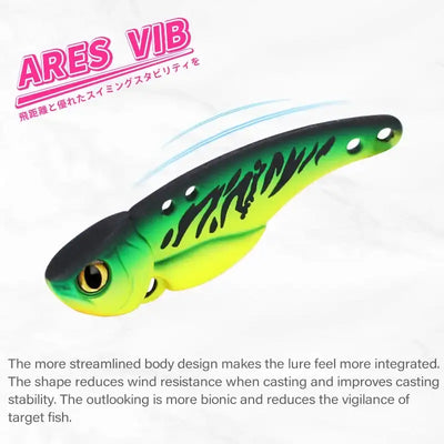 Ares metal vib fishing lure in vibrant green and black with 3D eye and dual line-tie for balanced vibration