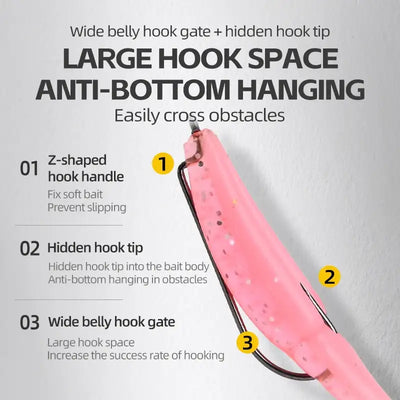 Wide-belly offset worm hook with large hook space and hidden hook tip