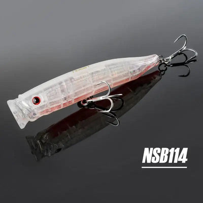Noeby feed popper topwater lure, translucent clear body with pink/red tones and treble hooks