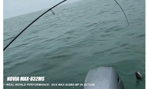 Fishing rod casting over water, line arcing from rod tip, blue reel visible