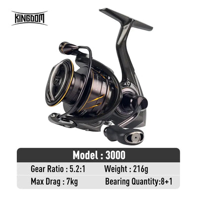Black spinning fishing reel with oscillating spool, orange stripe line markings, bail open