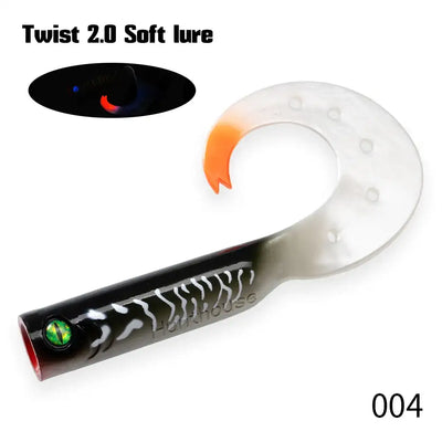 White soft fishing lure trailer with orange fin and black stripe detail