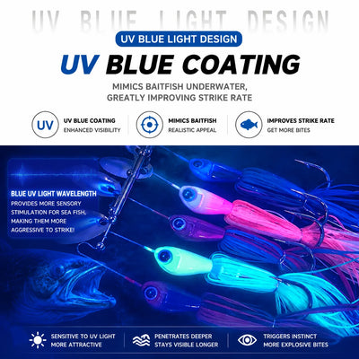 UV blue coated spinner jig with glowing blue spinner blades and skirt