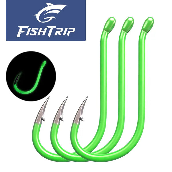 Fluorescent green octopus circle fishing hooks, offset beak style, barbed points