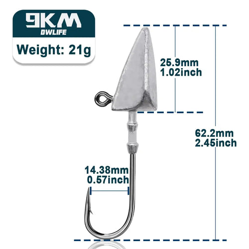 Triangle jig head with long shank hook, gray metal, 21g weight