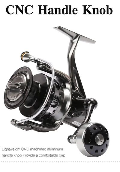 Black spinning reel with CNC-style handle knob and polished aluminum crank