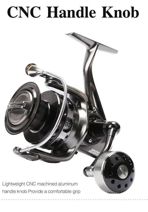 Black spinning reel with CNC-style handle knob and polished aluminum crank