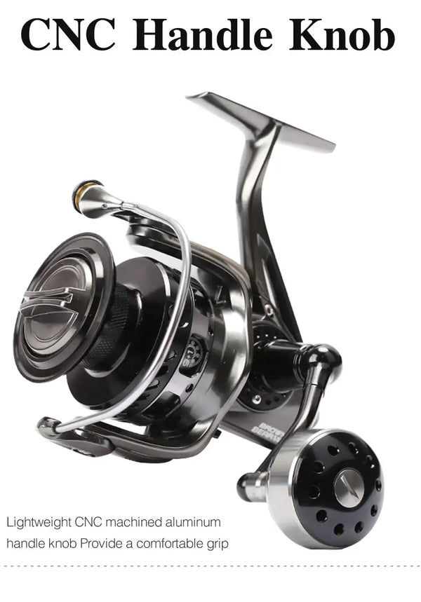 Black spinning reel with CNC-style handle knob and polished aluminum crank