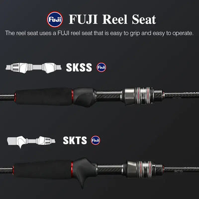 FUJI reel seat on Dexterity II spinning rod handle with carbon grip and red trim rings