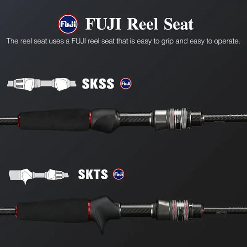FUJI reel seat on Dexterity II spinning rod handle with carbon grip and red trim rings
