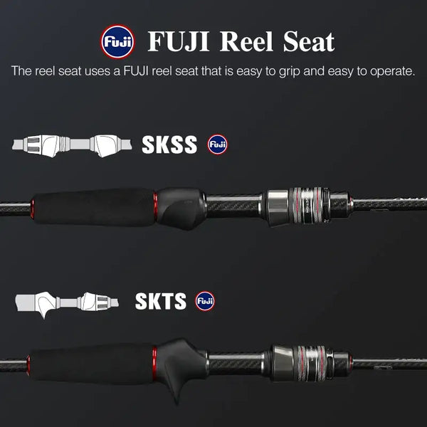 FUJI reel seat on Dexterity II spinning rod handle with carbon grip and red trim rings