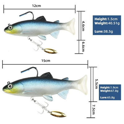 Artificial trout swimbait lure, blue-gray body with gold spinner blade and treble hooks