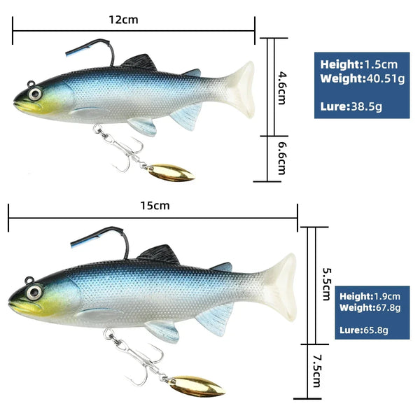 Artificial trout swimbait lure, blue-gray body with gold spinner blade and treble hooks