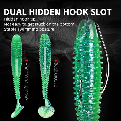 Green silicone T-tail fishing lure with ribbed body and dual hidden hook slot