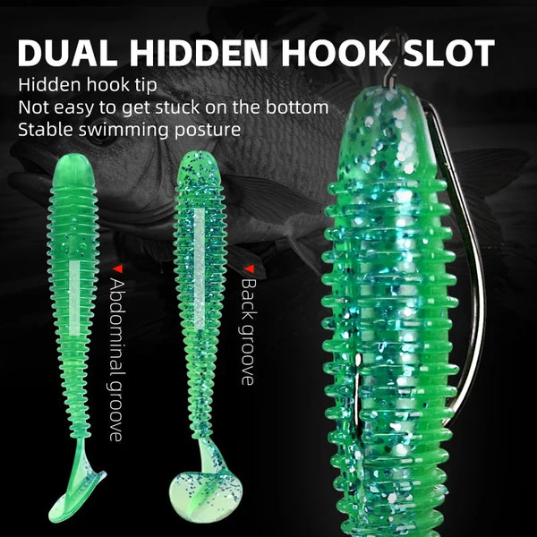 Green silicone T-tail fishing lure with ribbed body and dual hidden hook slot