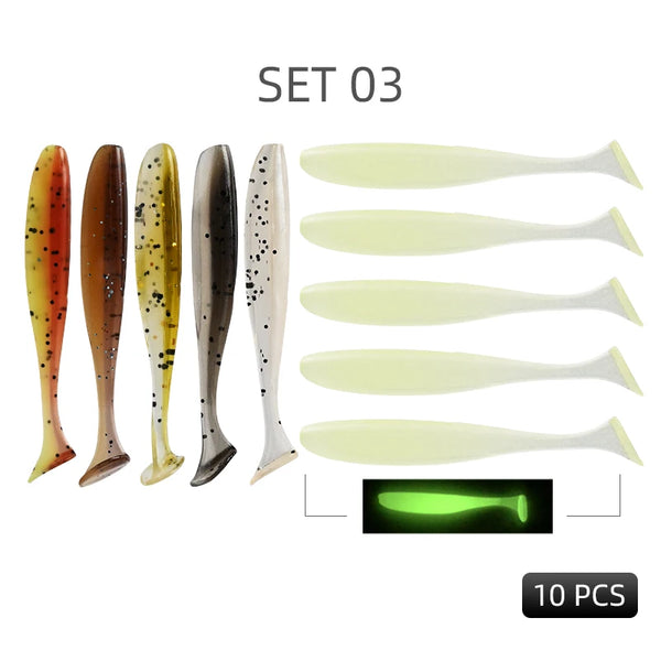 10-pack silicone swimbaits, SET 03 mixed colors, soft T-tail shiner lures