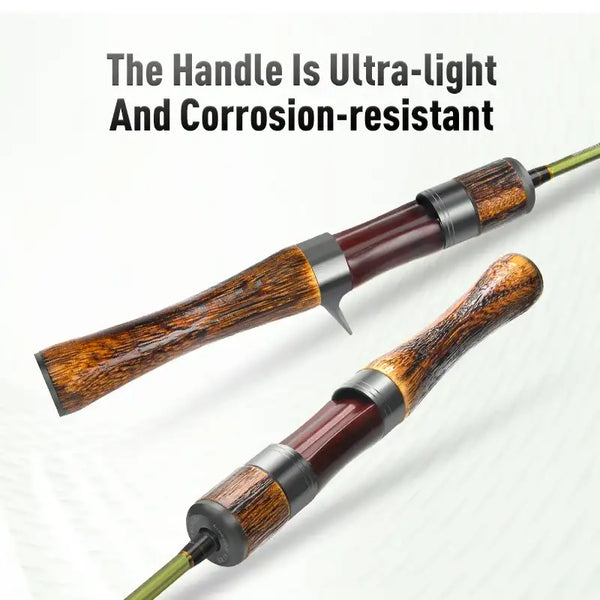 Ultralight fishing rod with two-tone wood handle, green shaft, corrosion-resistant grip