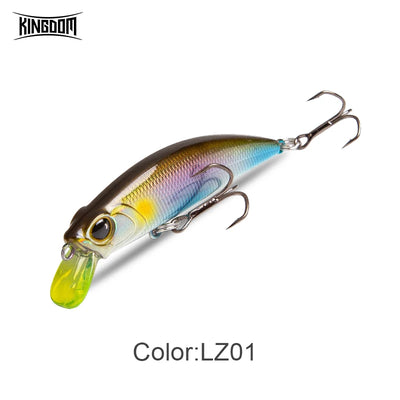 Iridescent blue and yellow sinking minnow lure with treble hooks, close side view