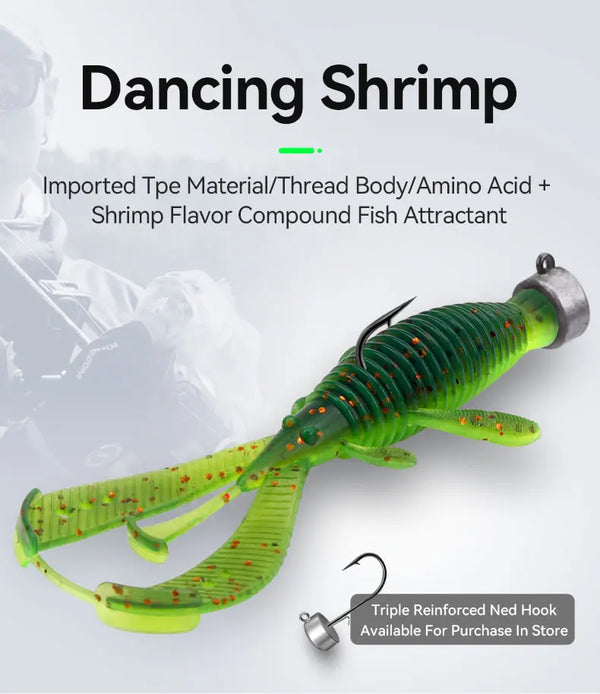 Green soft shrimp lure with screw eye and treble hook, ribbed body and tail flukes