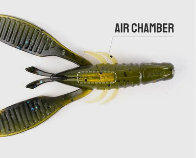 Olive-green craw flapper soft plastic trailer close-up, air chamber detail