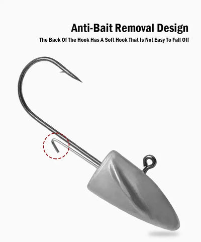 Gray jig head hook with curved barb and long shank, anti-bait removal style