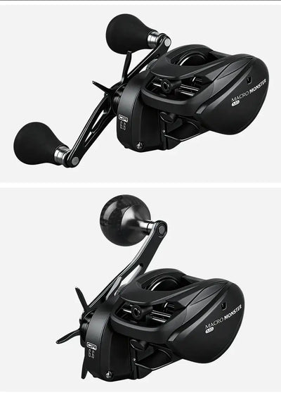 Macro Monster baitcasting reel with two handles and black aluminum body