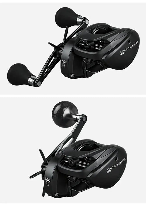 Macro Monster baitcasting reel with two handles and black aluminum body