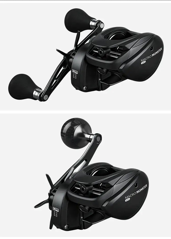Macro Monster baitcasting reel with two handles and black aluminum body