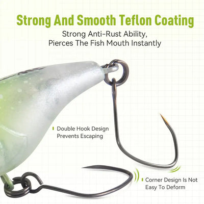 Gray-green topwater lure head with two treble hooks and metal split rings.