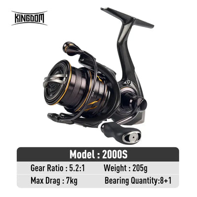 Black spinning reel with gold accents, front drag knob, curved handle and bail (Model 2000S)