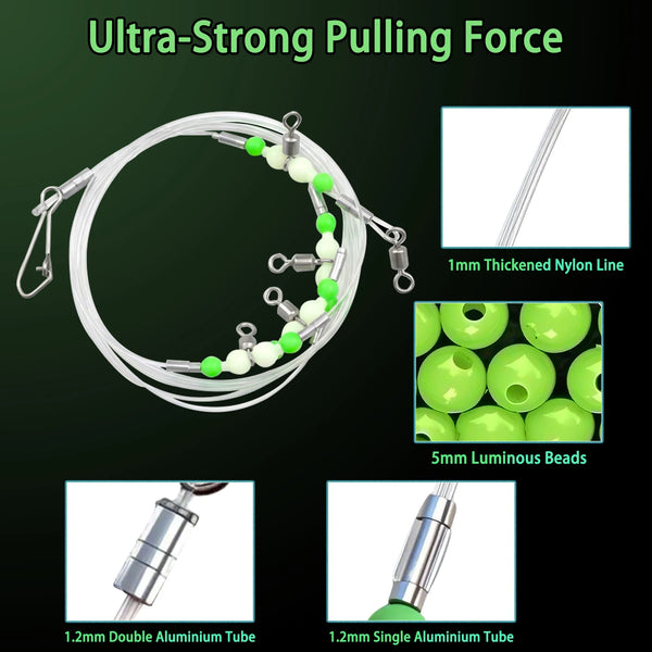 Fishing leader rig with thick nylon line and green and white luminous beads