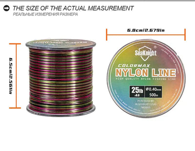 Multicolor nylon fishing line spool with top label and dimension measurements