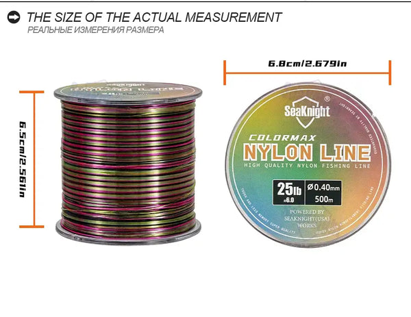 Multicolor nylon fishing line spool with top label and dimension measurements