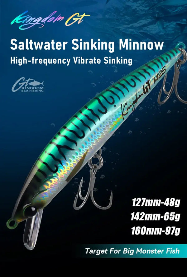 Saltwater sinking minnow lure, teal and rainbow iridescent pattern with two treble hooks
