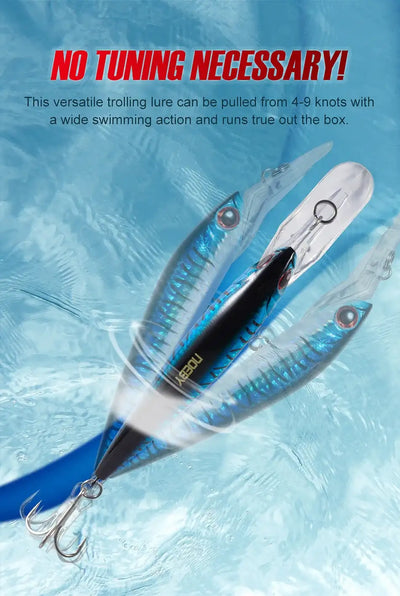 Blue-silver trolling minnow lure with clear lip and two front treble hooks