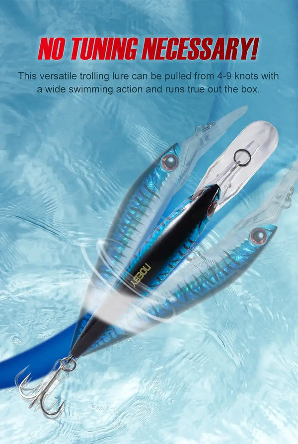 Blue-silver trolling minnow lure with clear lip and two front treble hooks