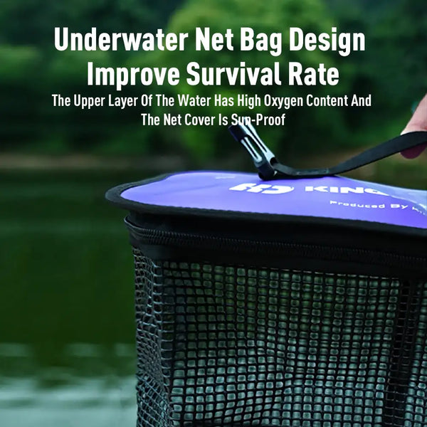 Floating fish keep net with dark mesh side walls and black carrying rim