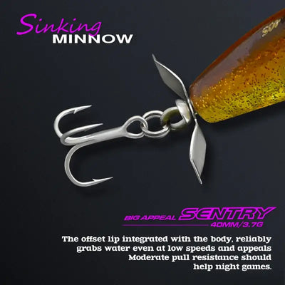 Sinking minnow lure with orange-gold body and rotating lip, shown with treble hook