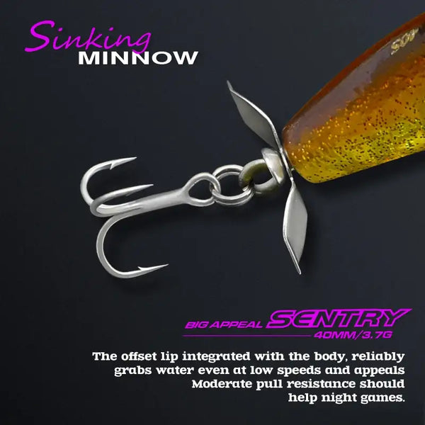 Sinking minnow lure with orange-gold body and rotating lip, shown with treble hook